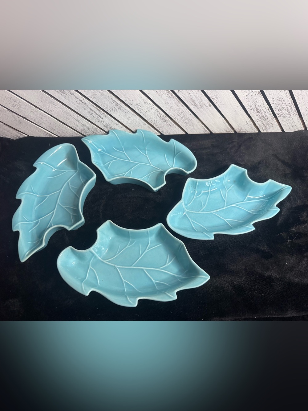 Vintage Leaf-Shaped california pottery Dishes in Aqua Blue Set of 4, incomplete